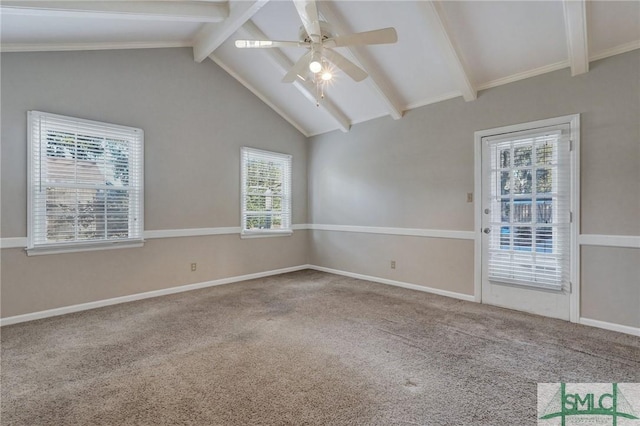 carpeted spare room featuring ceiling fan and lofted ceiling with beams