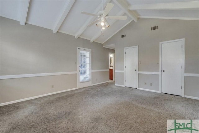 interior space with ceiling fan, high vaulted ceiling, beamed ceiling, and carpet