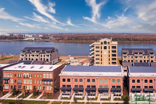 aerial view featuring a water view