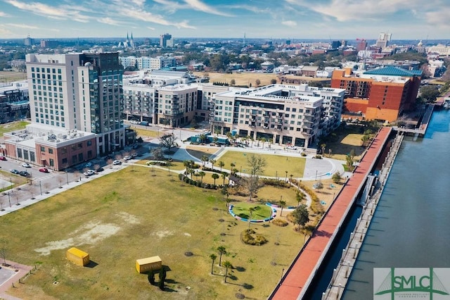 drone / aerial view featuring a water view