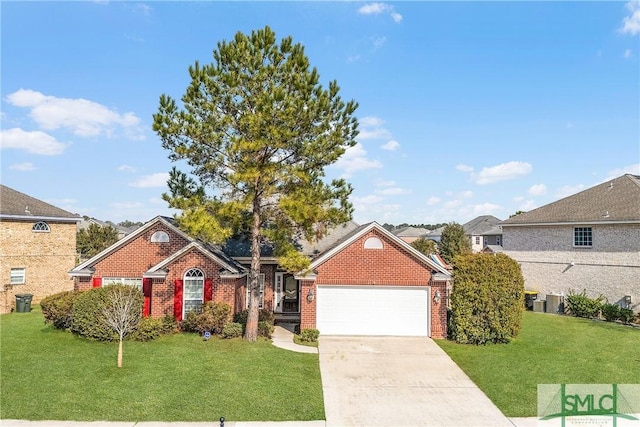 view of property featuring a garage and a front yard