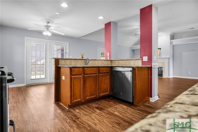 kitchen with dishwasher, dark hardwood / wood-style floors, and ceiling fan