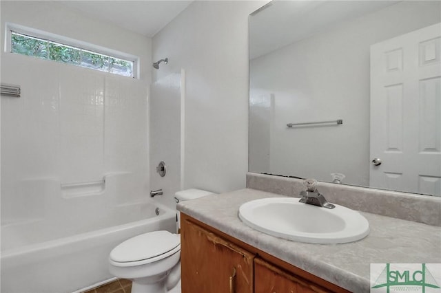 full bathroom featuring vanity, shower / bathtub combination, and toilet