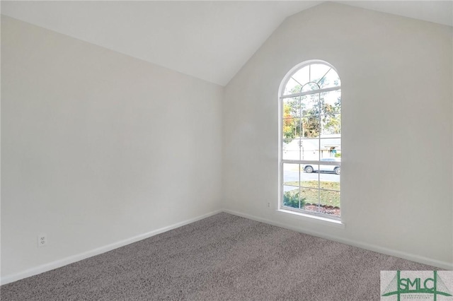 unfurnished room with lofted ceiling, plenty of natural light, and carpet