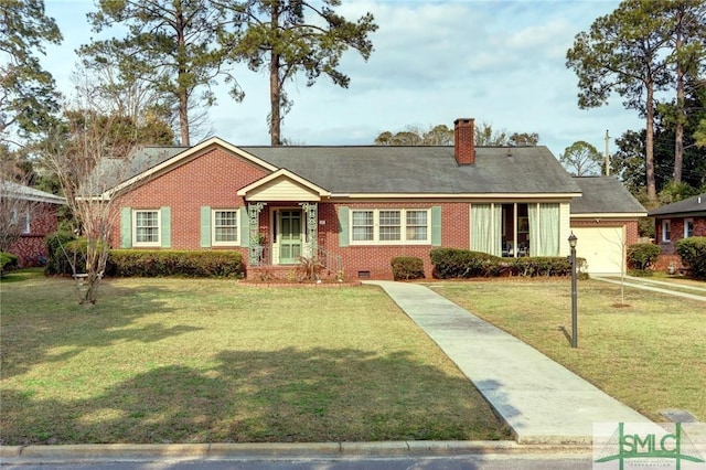 ranch-style home featuring a garage and a front lawn