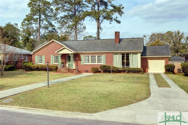 single story home featuring a garage and a front yard