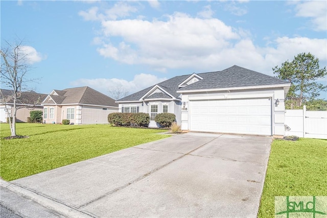 single story home with a garage and a front lawn