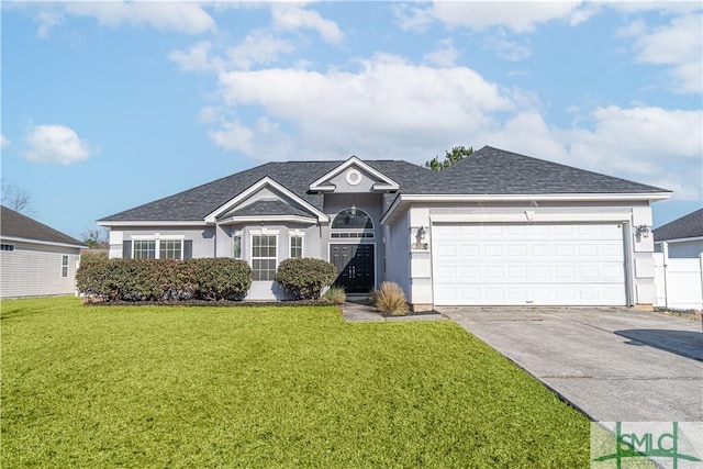 ranch-style home with a garage and a front yard