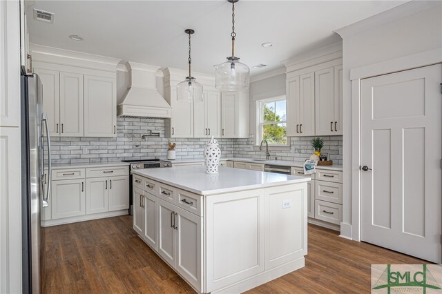 kitchen featuring dark wood finished floors, custom exhaust hood, stainless steel appliances, light countertops, and white cabinets