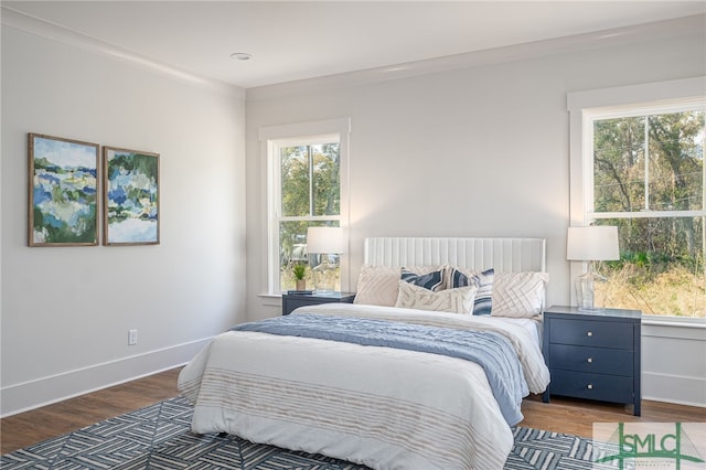 bedroom featuring multiple windows, baseboards, and wood finished floors