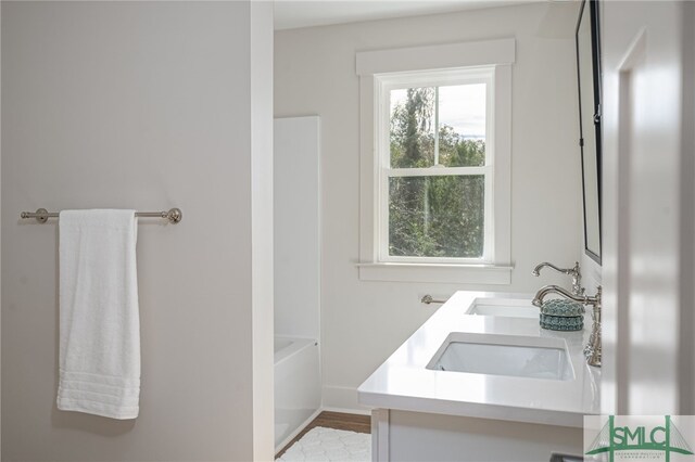 bathroom with wood finished floors, double vanity, a sink, and a bathing tub