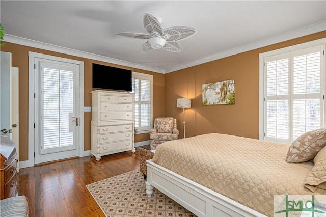 bedroom featuring ornamental molding, ceiling fan, access to exterior, and dark hardwood / wood-style flooring