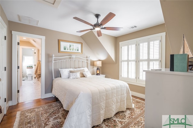 bedroom with hardwood / wood-style floors and ceiling fan