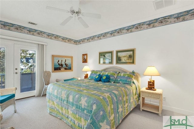 bedroom featuring carpet flooring, access to outside, ceiling fan, and french doors