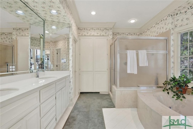 bathroom with independent shower and bath, crown molding, vanity, and tile patterned floors