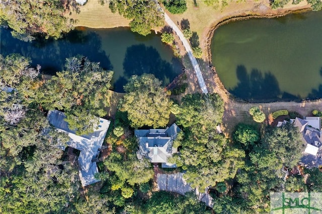 drone / aerial view with a water view