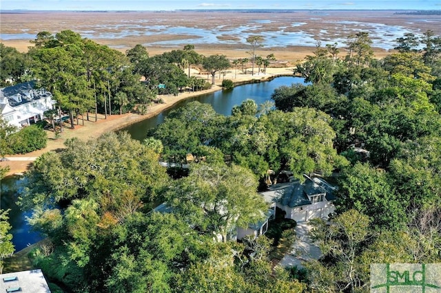 aerial view featuring a water view