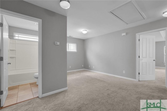 basement featuring light carpet