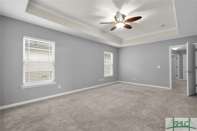 spare room with crown molding, light colored carpet, and a raised ceiling