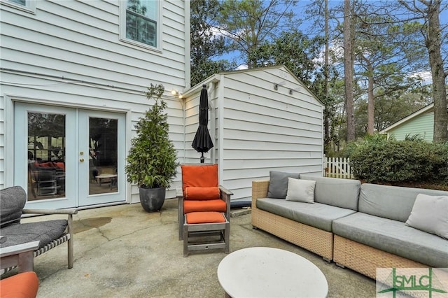 view of patio / terrace featuring an outdoor living space and french doors