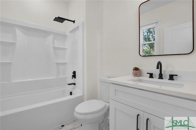 full bathroom with vanity, bathtub / shower combination, and toilet