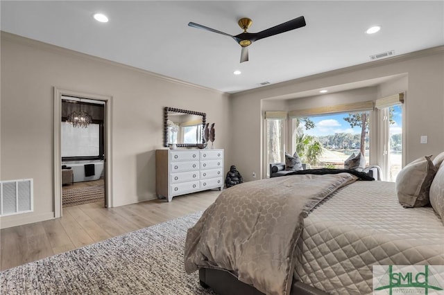 bedroom featuring crown molding, access to outside, ceiling fan, and light wood-type flooring