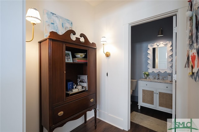 bathroom featuring vanity, toilet, and hardwood / wood-style floors