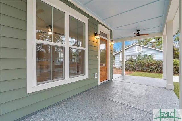 view of patio featuring ceiling fan and covered porch