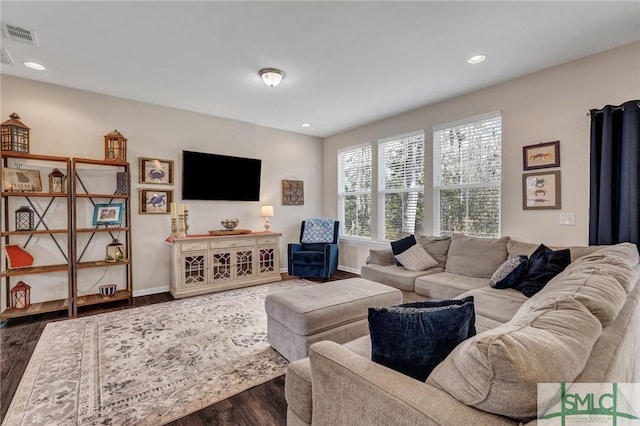 living room with dark wood-type flooring