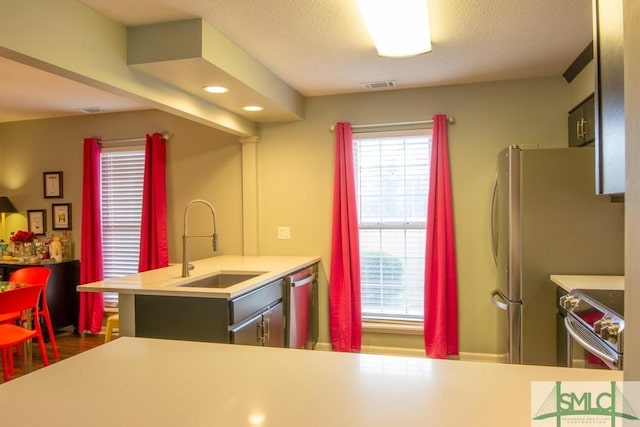 kitchen with stainless steel appliances, a kitchen island with sink, sink, and a textured ceiling