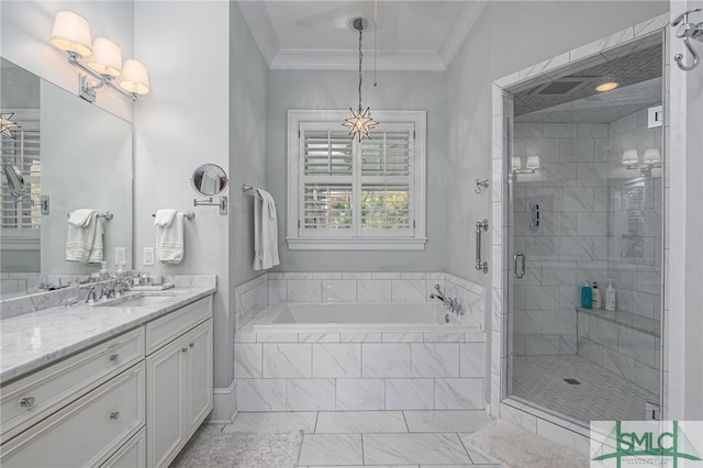 bathroom with ornamental molding, plus walk in shower, and vanity