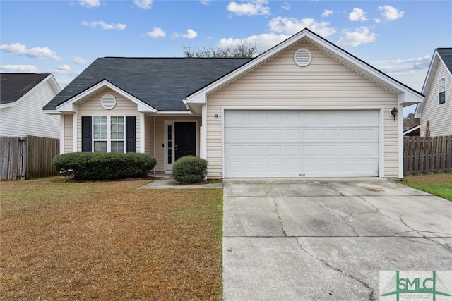 ranch-style house with a garage and a front yard