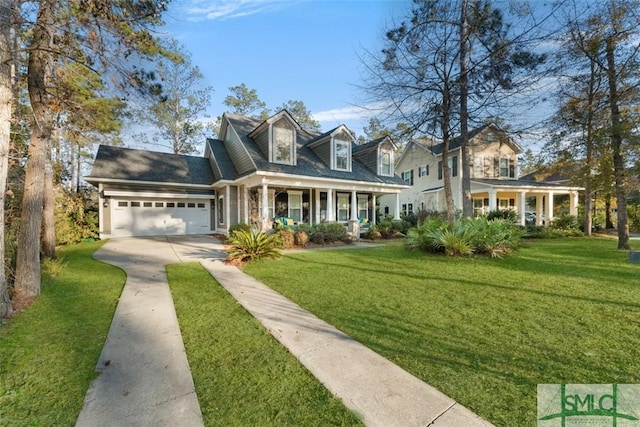 cape cod home with a porch, a garage, and a front lawn