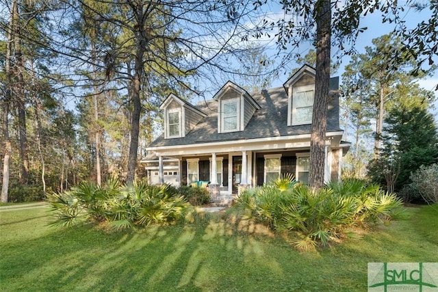 cape cod home with a porch and a front lawn