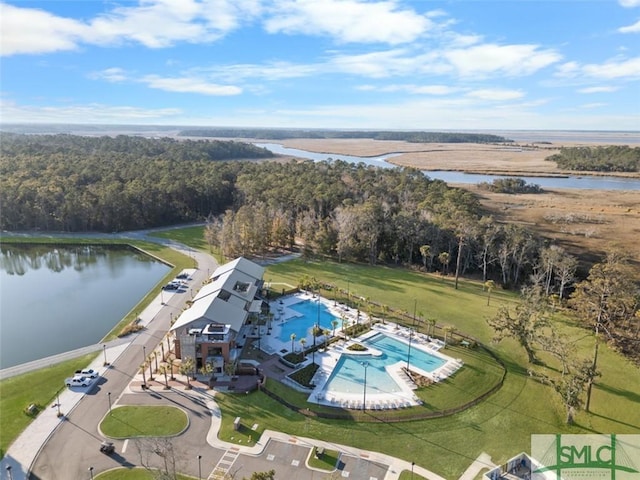 drone / aerial view featuring a water view