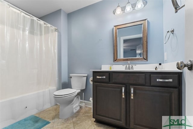 full bathroom featuring tile patterned flooring, vanity, shower / bath combination with curtain, and toilet