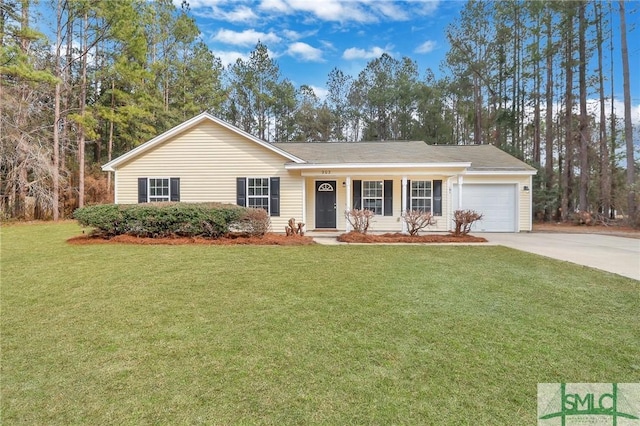 ranch-style house featuring a garage and a front lawn