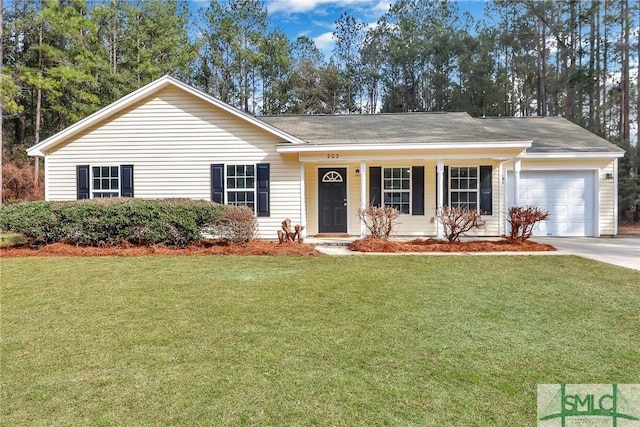 single story home with a garage and a front yard