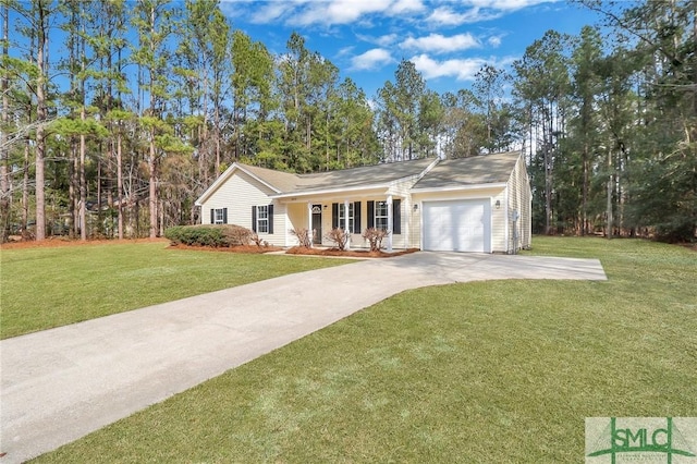 single story home with a garage, a front lawn, and covered porch