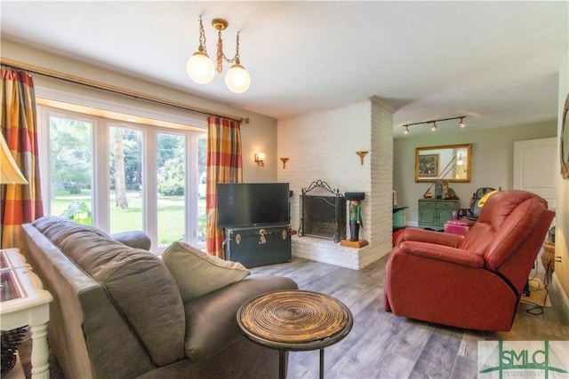 living room with hardwood / wood-style flooring, a fireplace, and rail lighting