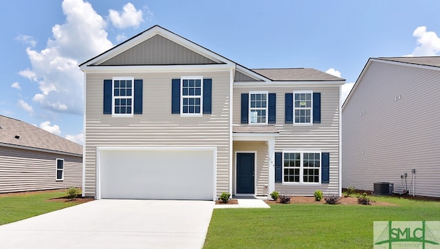 view of front of home featuring a garage, central AC, and a front lawn