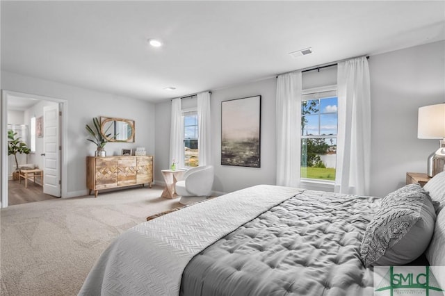 bedroom featuring multiple windows and carpet floors