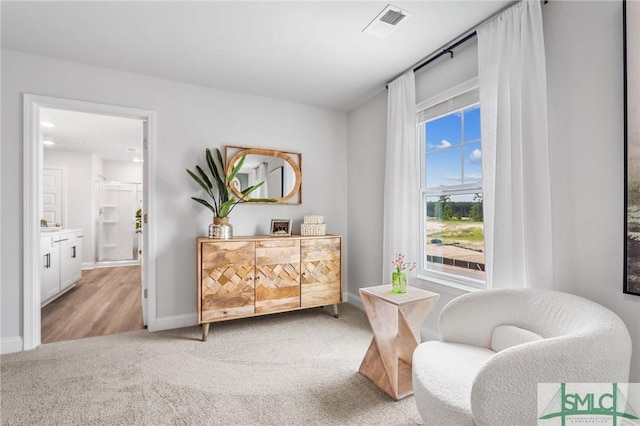 living area with light colored carpet