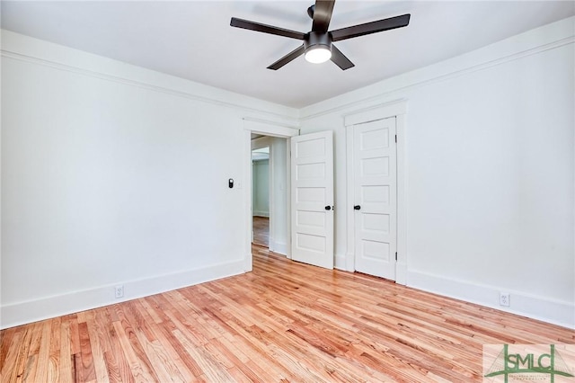 unfurnished bedroom with light hardwood / wood-style floors and ceiling fan