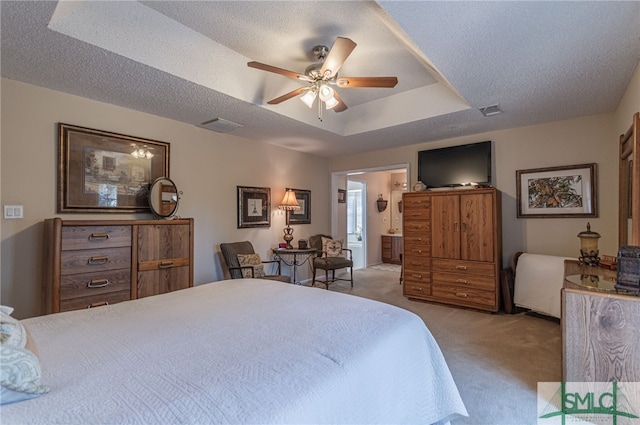 bedroom featuring a raised ceiling, light carpet, and a textured ceiling