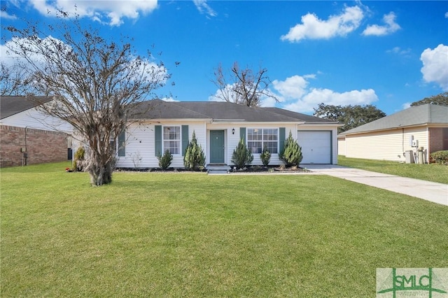 ranch-style home with a garage and a front lawn