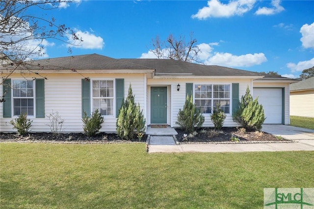 ranch-style home featuring a garage and a front lawn