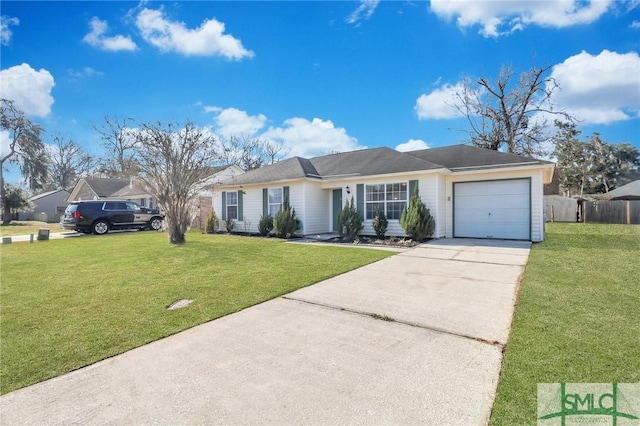 ranch-style home with a garage and a front yard