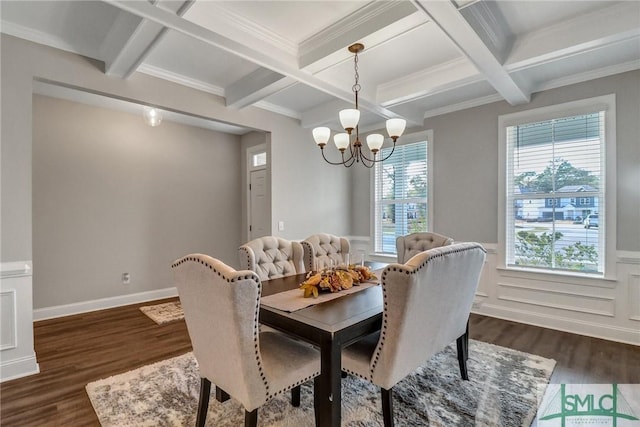 dining space with coffered ceiling, a chandelier, ornamental molding, dark hardwood / wood-style flooring, and beam ceiling