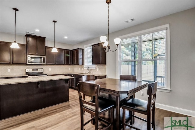 kitchen with sink, dark brown cabinets, hanging light fixtures, appliances with stainless steel finishes, and decorative backsplash